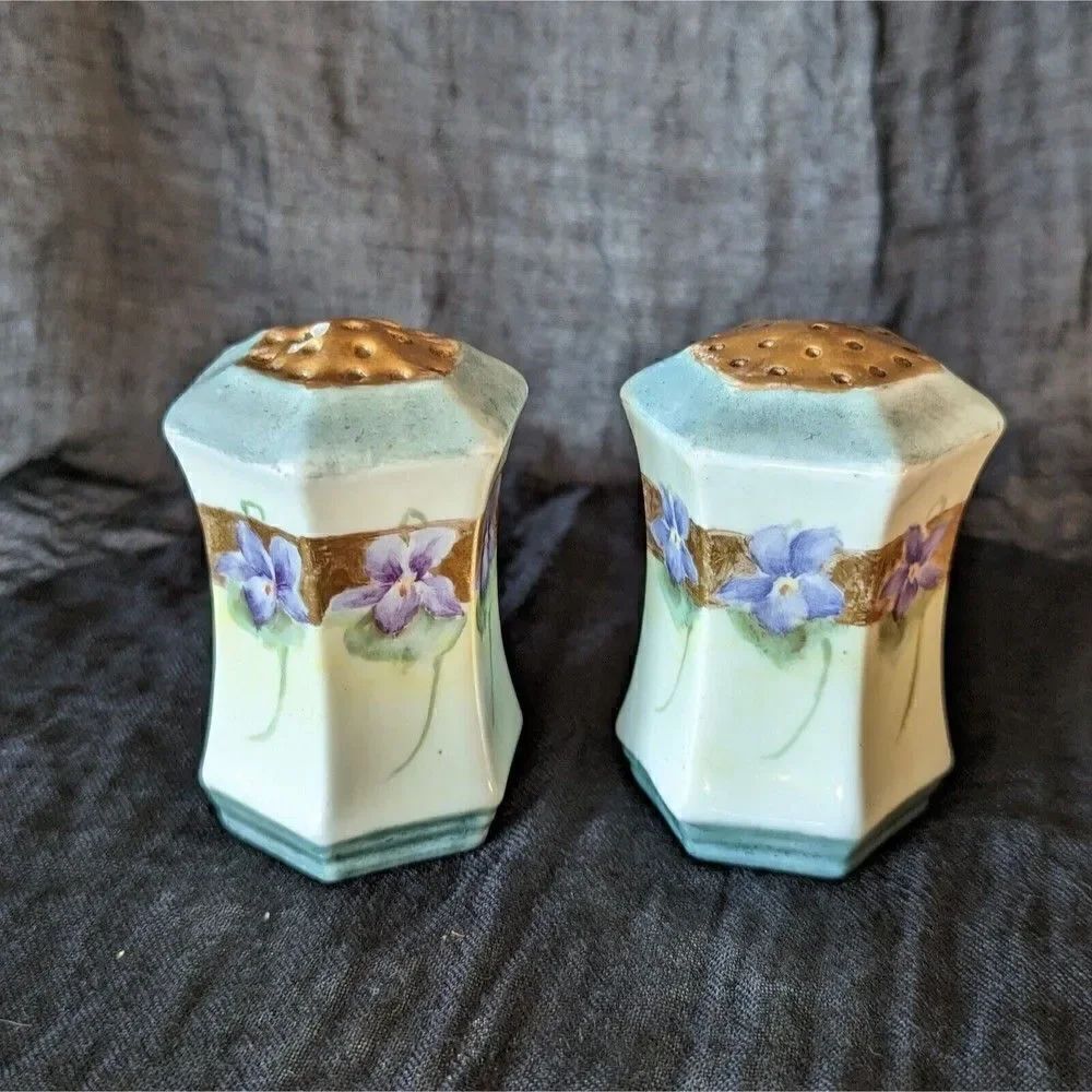 C.S. Prussia Salt Pepper Shakers Vintage Purple Flowers Ceramic Porcelain